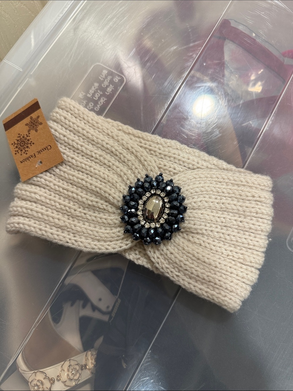 BNWT • Cream Knit Headband with Decorative Gem Accent